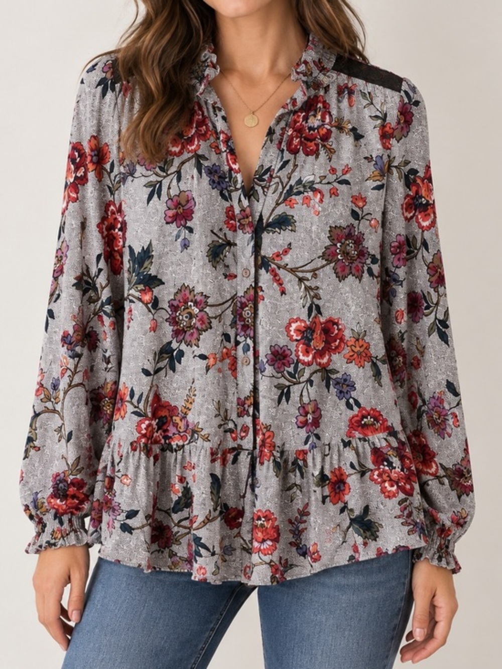 Maeve Anthropologie Janie Floral Blouse Size 0 Gray Ruffle Peplum Boho Top